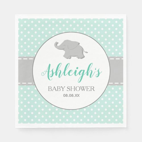 Elephant Mint Green Gray Polka Dot Baby Shower Napkins