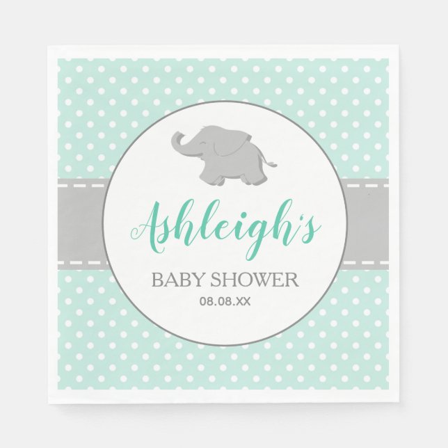 Elephant Mint Green Gray Polka Dot Baby Shower Napkins (Front)