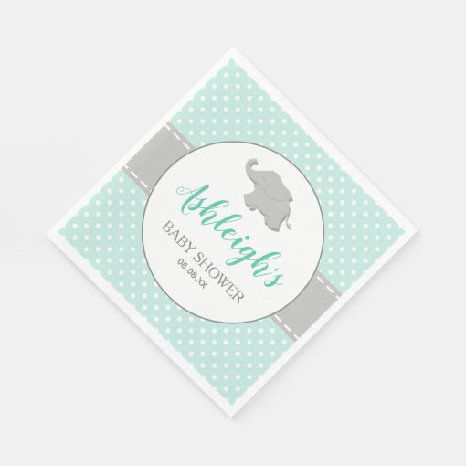 Elephant Mint Green Gray Polka Dot Baby Shower Napkins | Zazzle