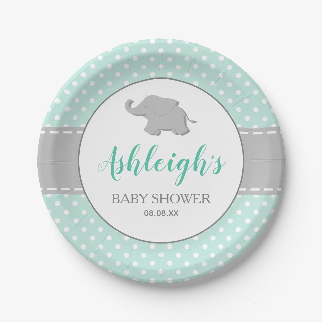 Elephant Mint Green Gray Polka Dot Baby Shower Paper Plates | Zazzle