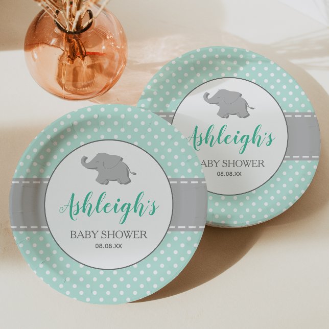 Elephant Mint Green Gray Polka Dot Baby Shower Paper Plates (Creator Uploaded)
