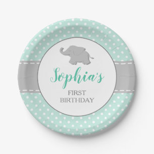 Elephant Mint Green Polka Dot 1st Birthday Party Paper Plates