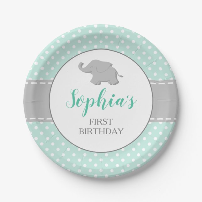 Elephant Mint Green Polka Dot 1st Birthday Party Paper Plates (Front)