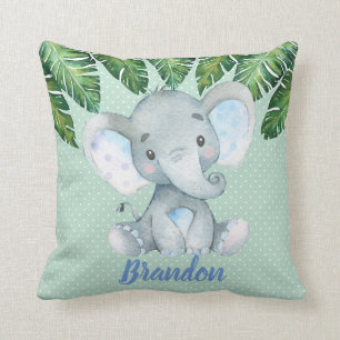 Elephant Mint Green Tropical Boy Nursery Decor Throw Pillow