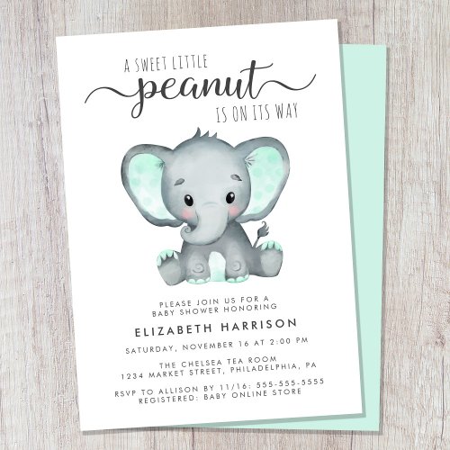 Elephant Mint Green Watercolor Baby Shower Invitation