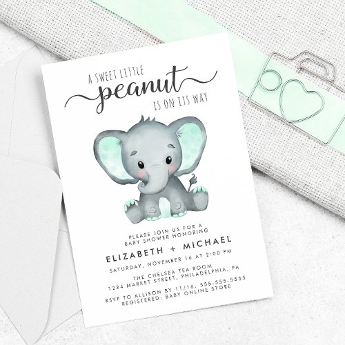 Elephant Mint Green Watercolor Couples Baby Shower Invitation