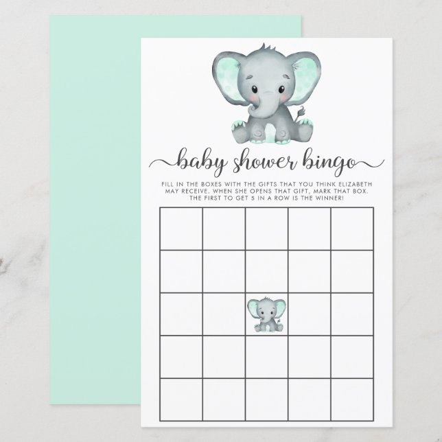 Elephant Mint Watercolor Baby Bingo Shower Game (Front/Back)