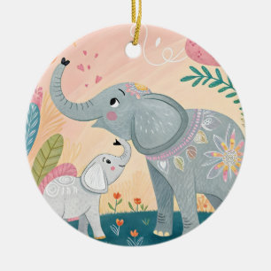 Elephant Mom and Baby Ceramic Ornament
