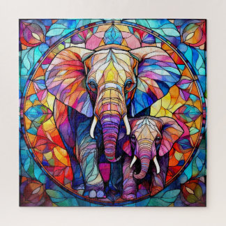 Elephant Mom and Baby in Stained Glass  Jigsaw Puzzle