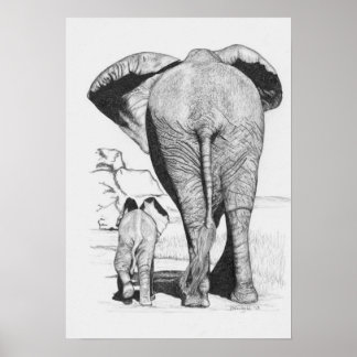 Elephant Mom and Baby Poster