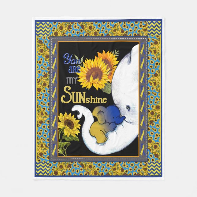 Elephant Mom And Baby Sunflower You're My Sunshine Fleece Blanket (Front)