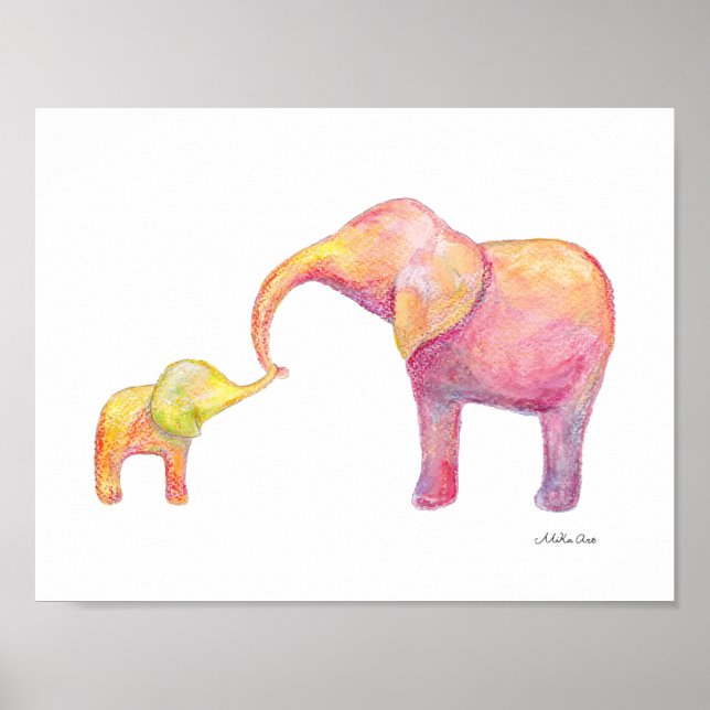 Elephant Mom & Baby Nursery Art Watercolor Animal Poster (Front)