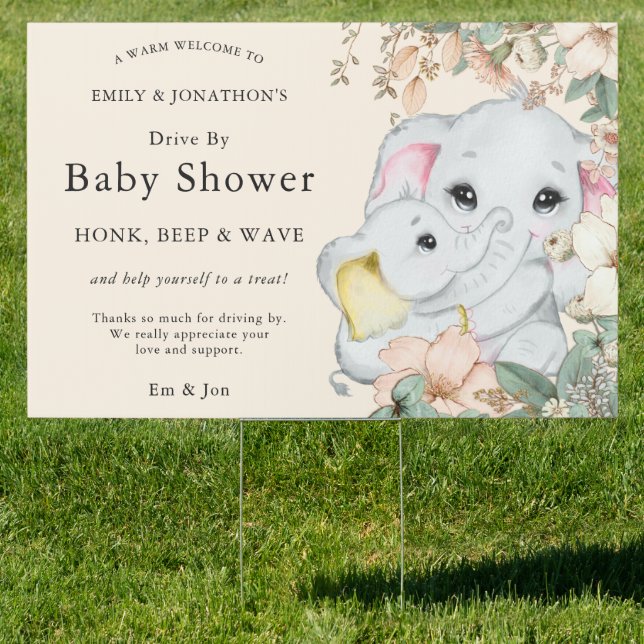 Elephant Mom Baby Shower Welcome to Drive By Cream Sign (Insitu)