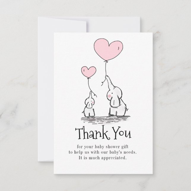 Elephant Mommy and Baby With Balloons Baby Shower  Thank You Card (Front)
