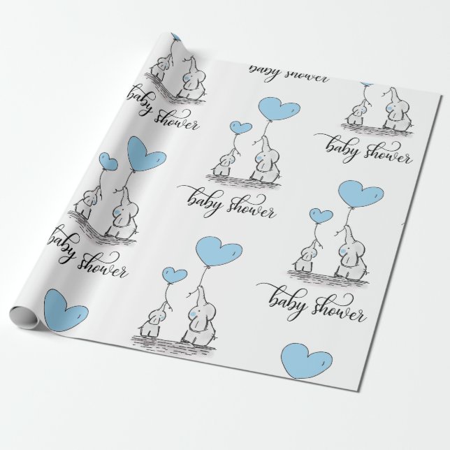 Elephant Mommy & Baby Shower Blue Grey White Boy Wrapping Paper (Unrolled)