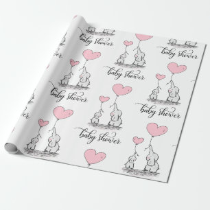 Elephant Mommy & Baby Shower Pink Grey White Girl Wrapping Paper