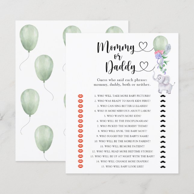 Elephant - mommy or daddy baby shower game (Front/Back)