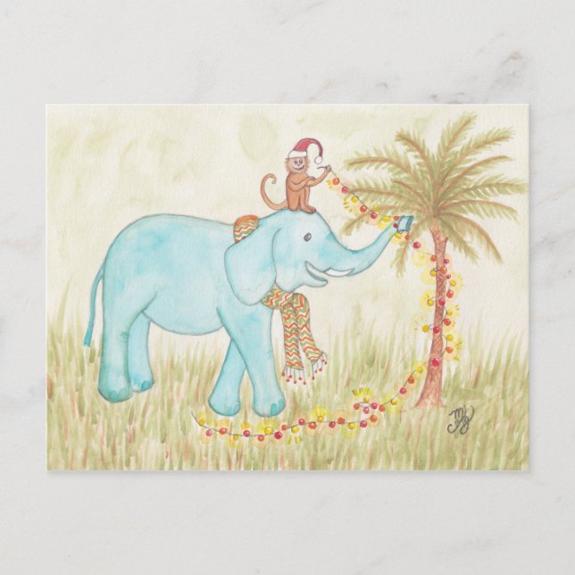 Elephant & Monkey Stringing Christmas Lights Postcard (Front)
