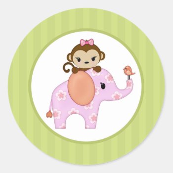 Elephant Monkey Sweet Safari Baby Shower Sst#3 Classic Round Sticker by MonkeyHutDesigns at Zazzle