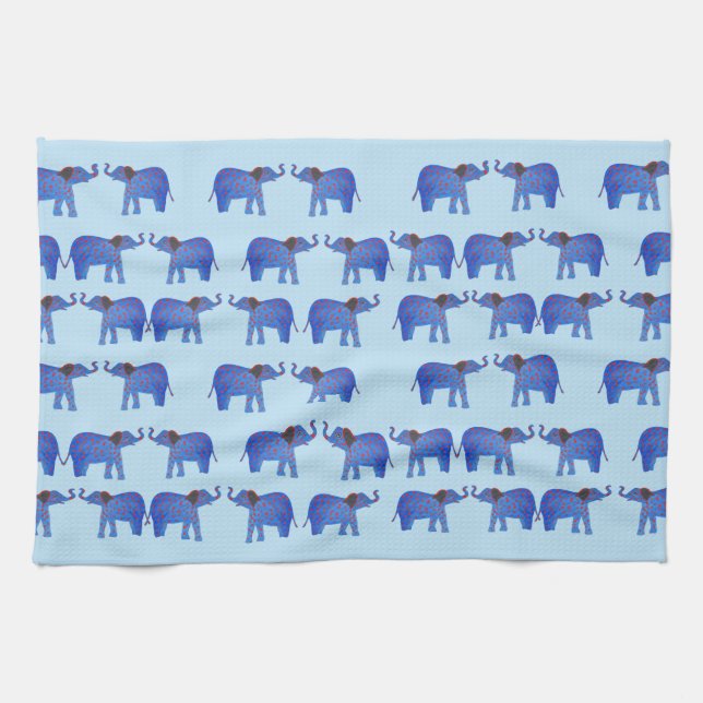 Elephant Mood Tea Towel, Blue elephant pattern Kitchen Towel (Horizontal)