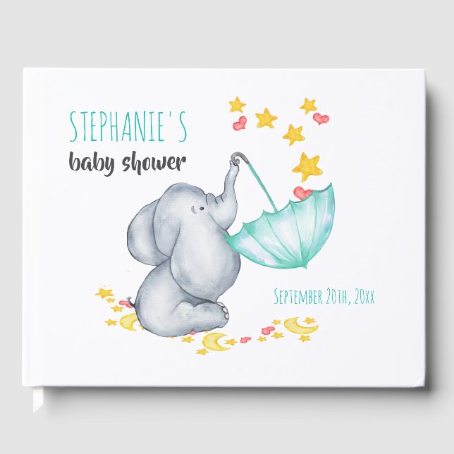 Elephant Moon and Stars Watercolor Baby Shower Guest Book (Front)