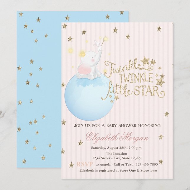 Elephant,Moon,Glitter Stars Striped Baby Shower Invitation (Front/Back)