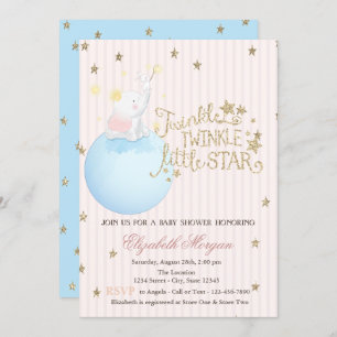 Elephant,Moon,Glitter Stars Striped Baby Shower Invitation