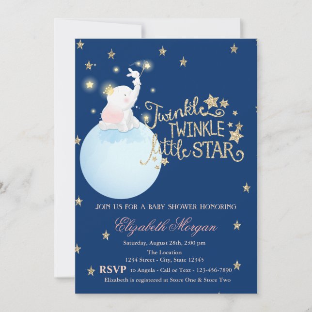 Elephant,Moon,Glitter StarsNavy Blue  Baby Shower Invitation (Front)
