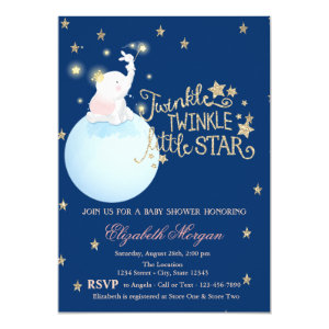 Elephant,Moon,Glitter StarsNavy Blue  Baby Shower Invitation
