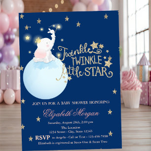 Elephant,Moon,Glitter StarsNavy Blue  Baby Shower Invitation