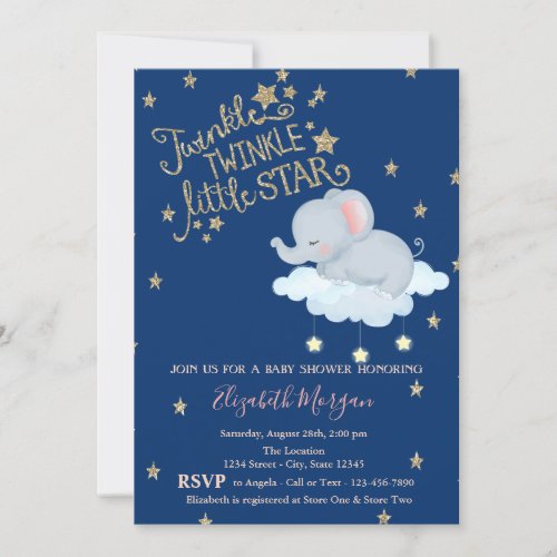 ElephantMoonGlitter StarsTwinkle Baby Shower Invitation