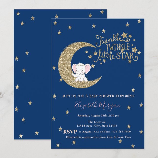 Elephant,Moon,Star Twinkle Little Baby Shower Invitation (Front/Back)