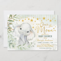 Elephant Moon & Stars Greenery Baby Shower Invitation