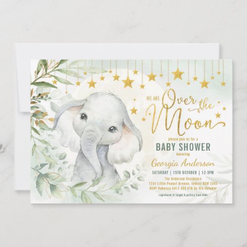 Elephant Moon  Stars Greenery Baby Shower Invitation
