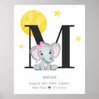 Elephant Moon Stars Letter M Custom Name Nursery Poster