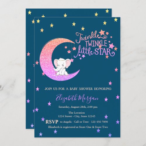 ElephantMoonStars Twinkle Little Baby Shower  Invitation