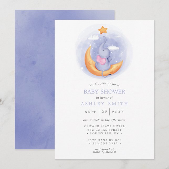 Elephant Moon Watercolor Whimsical Baby Shower Invitation (Front/Back)