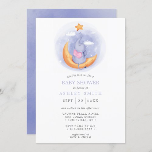 Elephant Moon Watercolor Whimsical Baby Shower Invitation