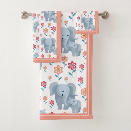 Elephant mother and baby coral border Mothers Day Bath Towel Set