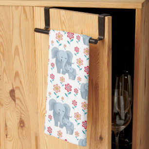 Elephant mother, baby flowers pattern Mother's Kitchen Towel