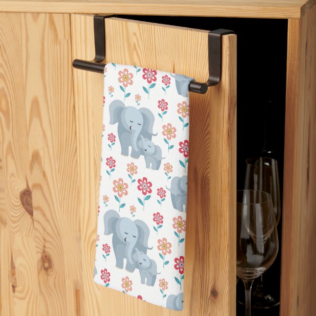 Elephant mother, baby flowers pattern Mother's Kitchen Towel (Thirds Fold)
