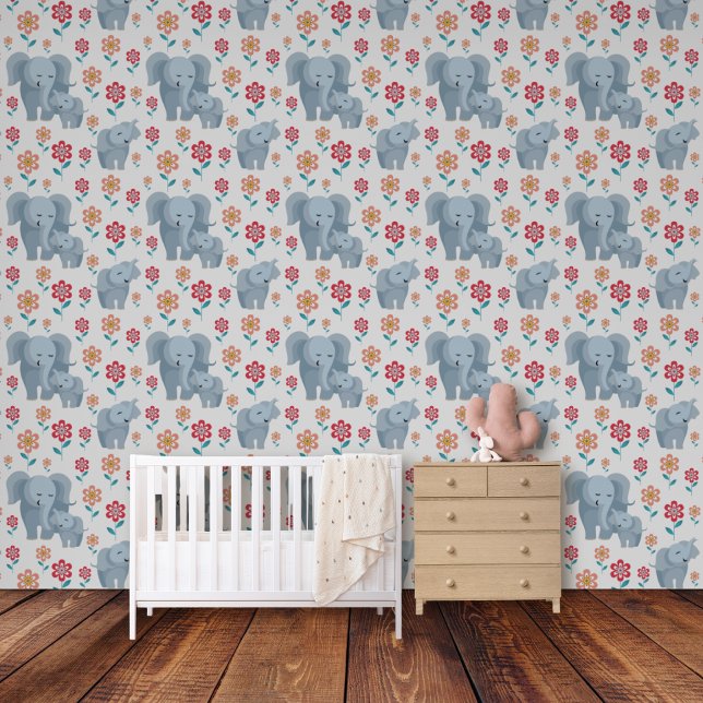 Elephant mother, baby flowers pattern nursery wallpaper  (Creator Uploaded)