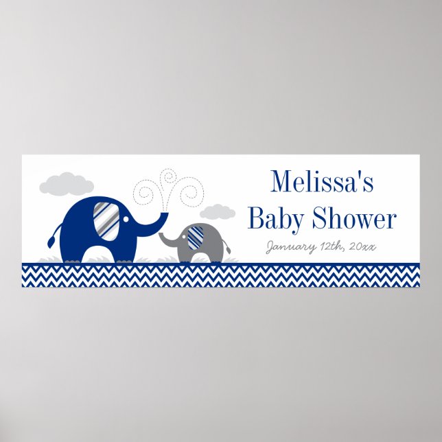 Elephant Navy Blue Gray Baby Shower Banner Poster (Front)