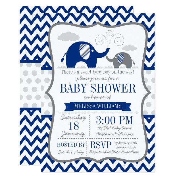 Elephant Navy Blue Gray Baby Shower Invitation