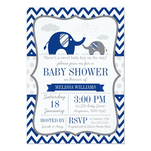 Elephant Navy Blue Gray Baby Shower Invitation