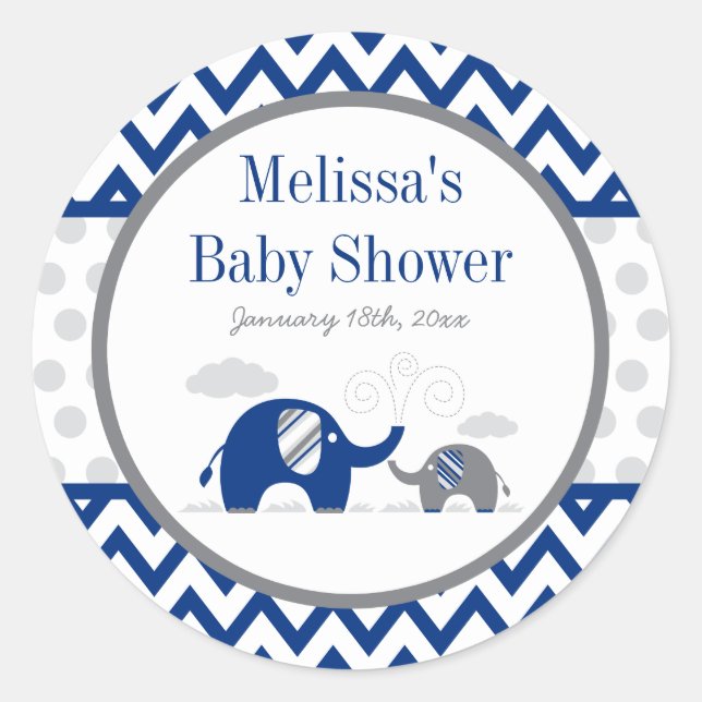 Elephant Navy Blue Gray Baby Shower Classic Round Sticker (Front)