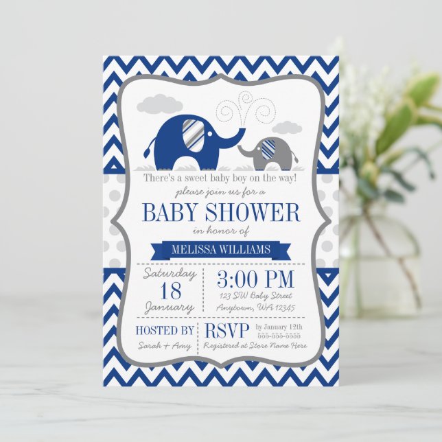 Elephant Navy Blue Gray Baby Shower Invitation Zazzle