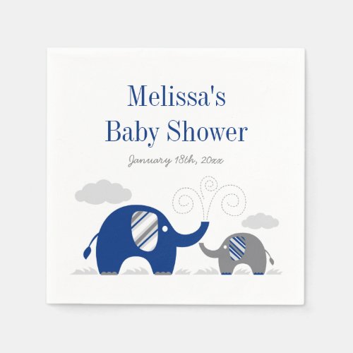 Elephant Navy Blue Gray Baby Shower Paper Napkins