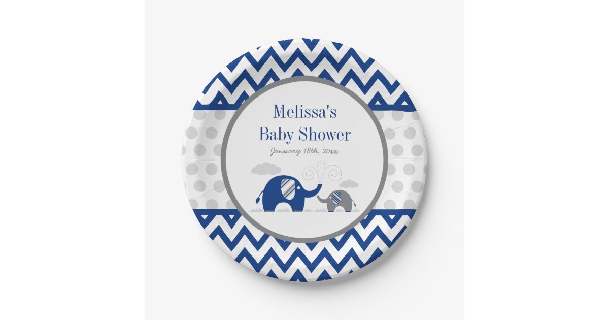 Elephant Navy Blue Gray Baby Shower Paper Plate Zazzle Com