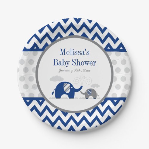 Elephant Navy Blue Gray Baby Shower Paper Plates